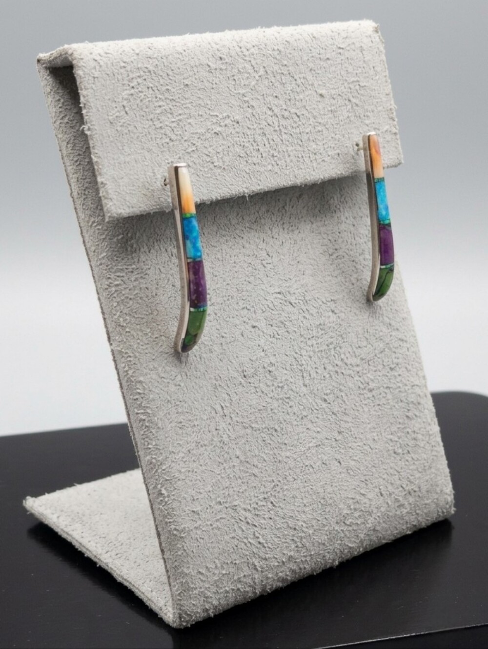 Multi-Gemstone Inlay Bar Drop Sterling Silver 925 Earrings Southwestern